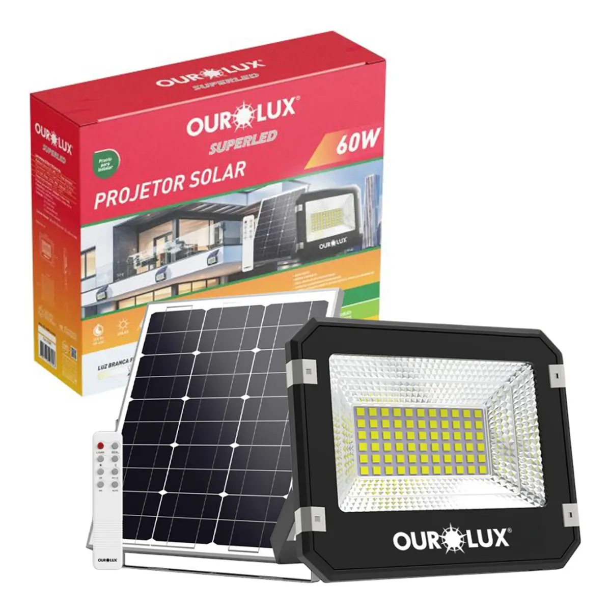Refletor solar Ourolux de 60 W com painel solar separado e controle remoto