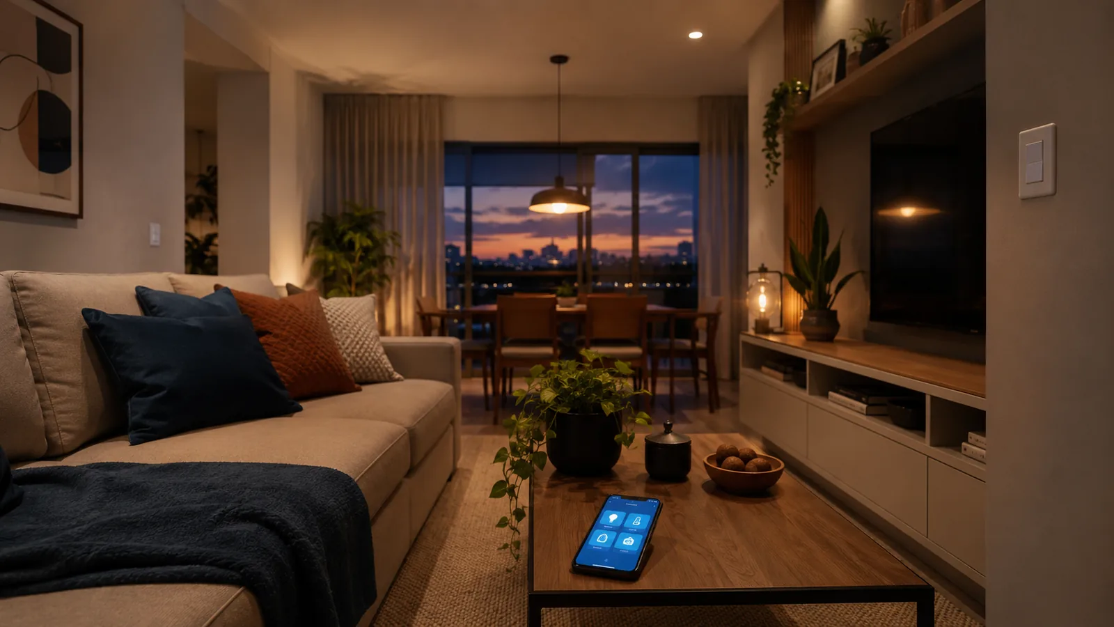 Sala de estar com automação residencial: interruptor inteligente na parede e aplicativo de controle no celular sobre a mesa