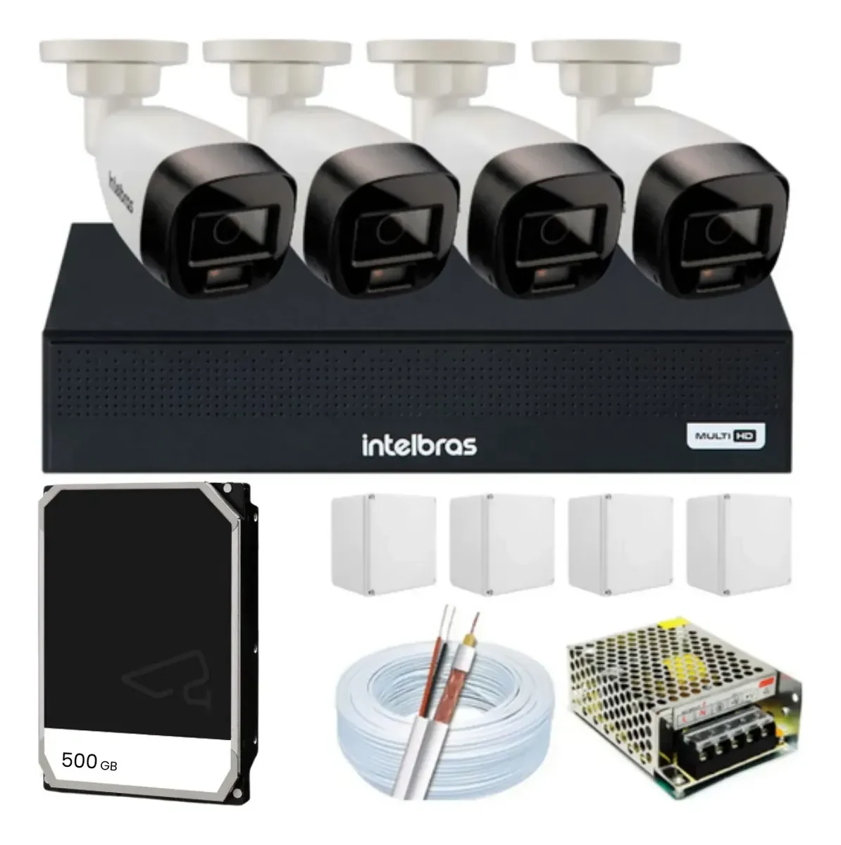 Kit Intelbras DVR Multi HD + 4 câmeras, HD, cabos e fonte para CFTV de portão e cancela