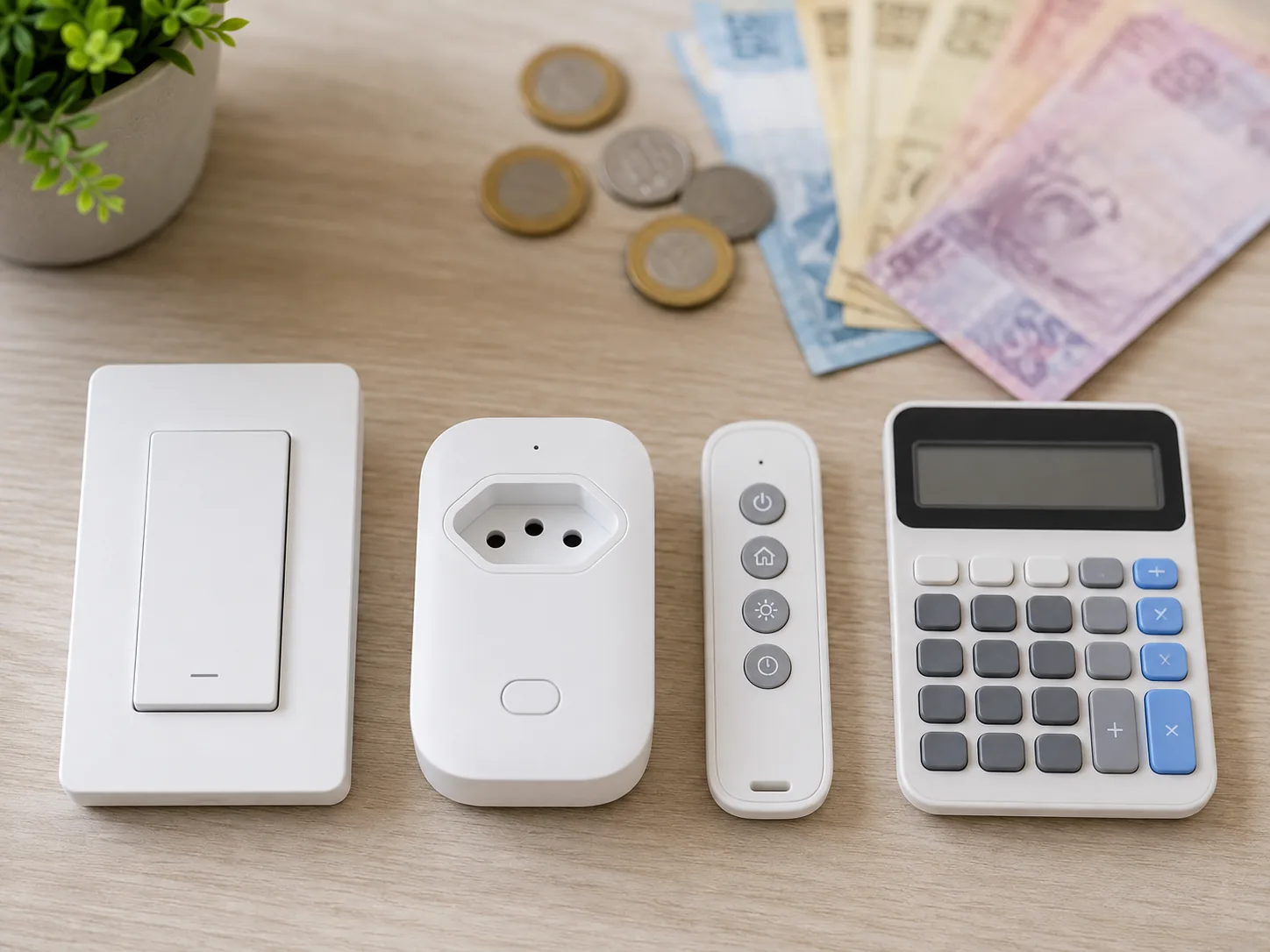 Interruptor inteligente, tomada inteligente, controle remoto e calculadora sobre a mesa, representando o orçamento de um projeto de automação residencial