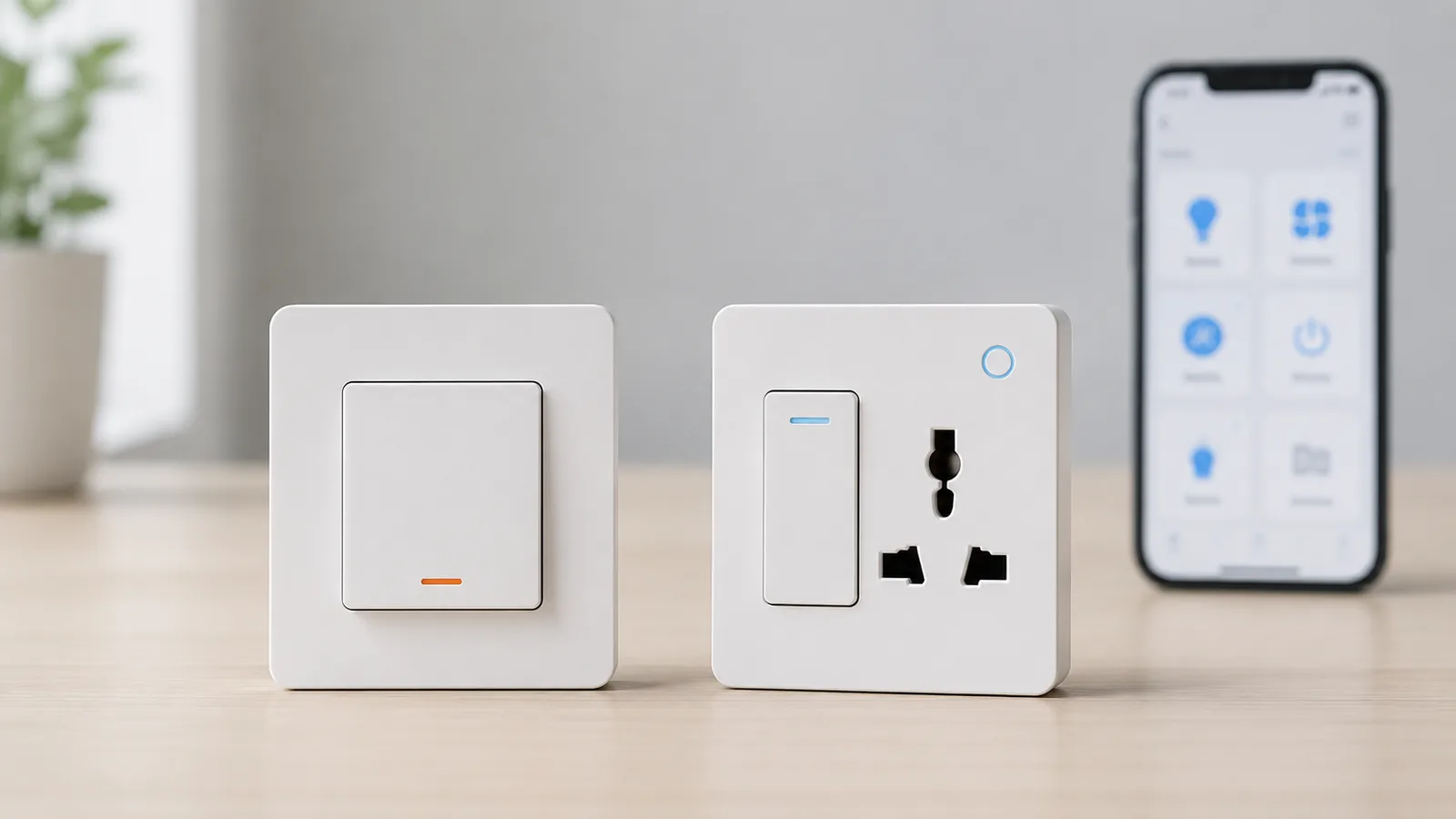 Interruptor inteligente Sonoff e interruptor/tomada Intelbras iZy lado a lado, com celular mostrando app de automação residencial ao fundo