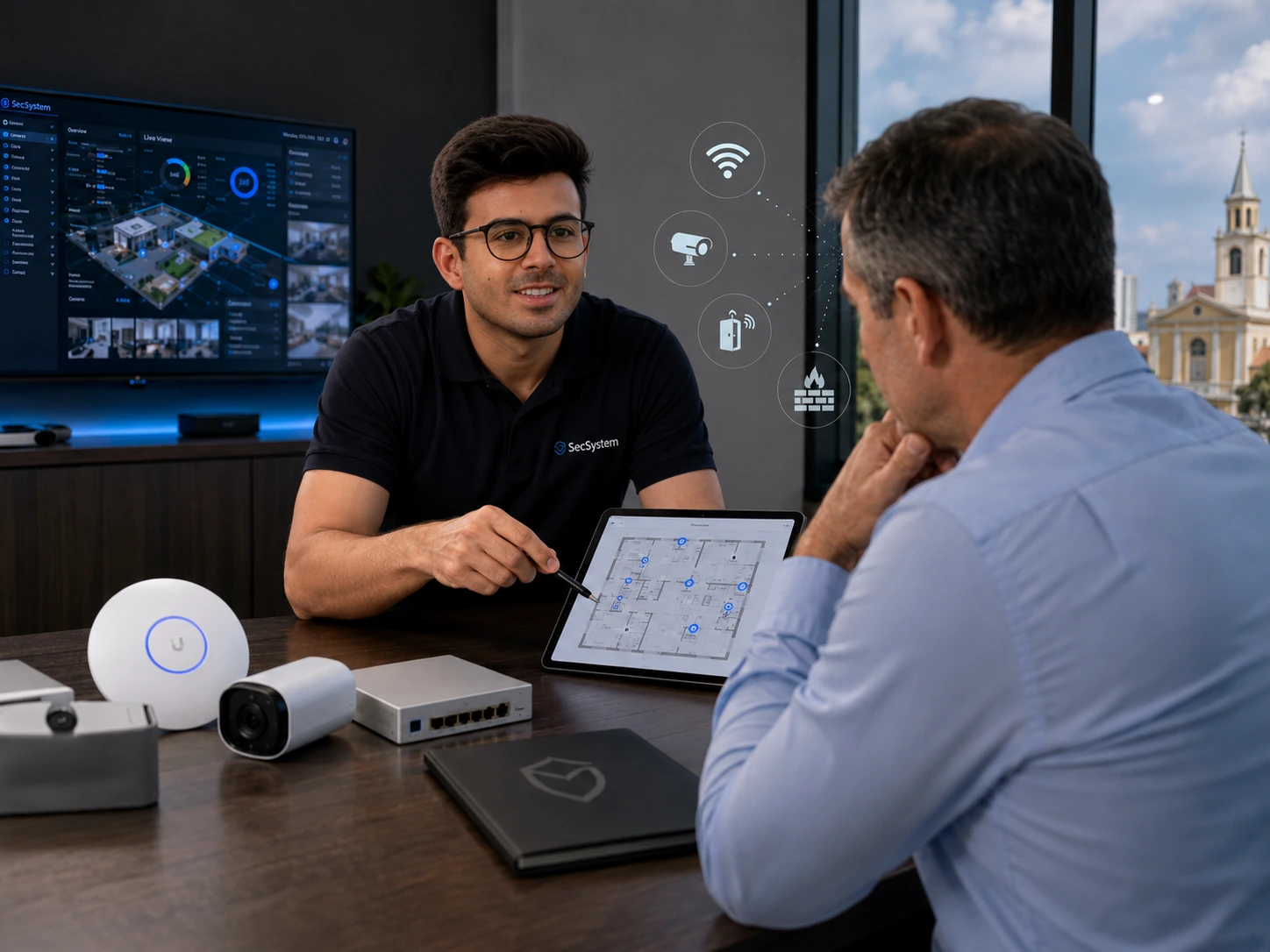 Avaliação de projeto Ubiquiti UniFi com técnico da SecSystem apresentando layout de rede para cliente