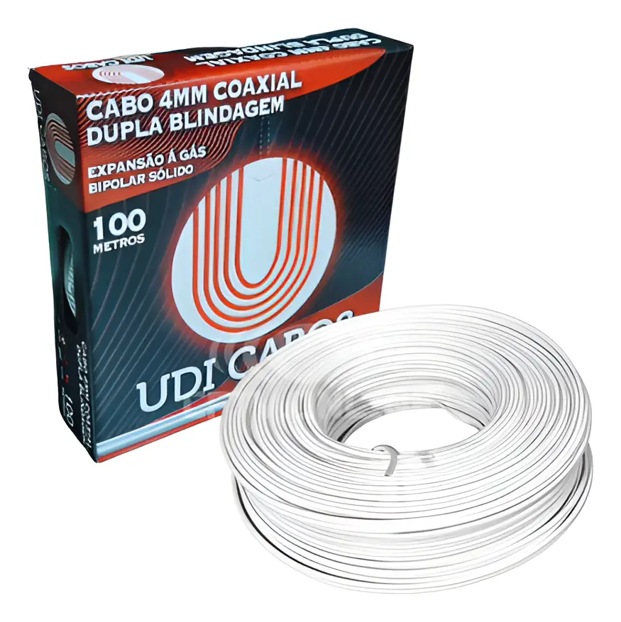 Cabo coaxial bipolar 4 mm em caixa de 100 metros para CFTV analógico