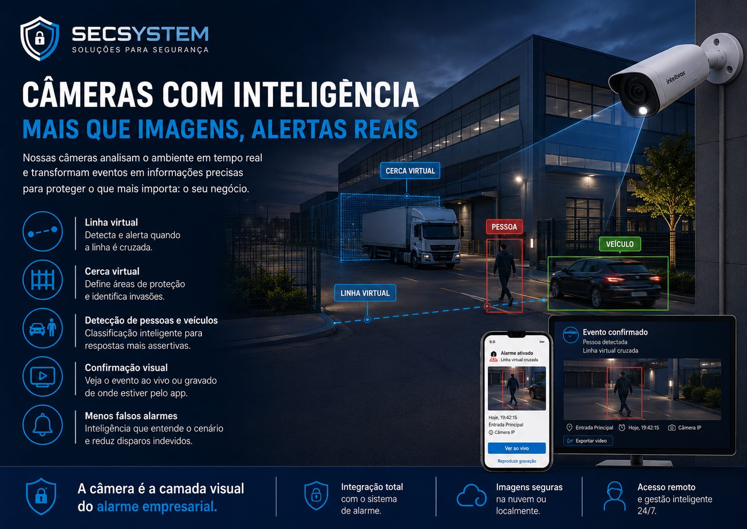 Câmeras com inteligência para confirmar eventos de alarme em galpão