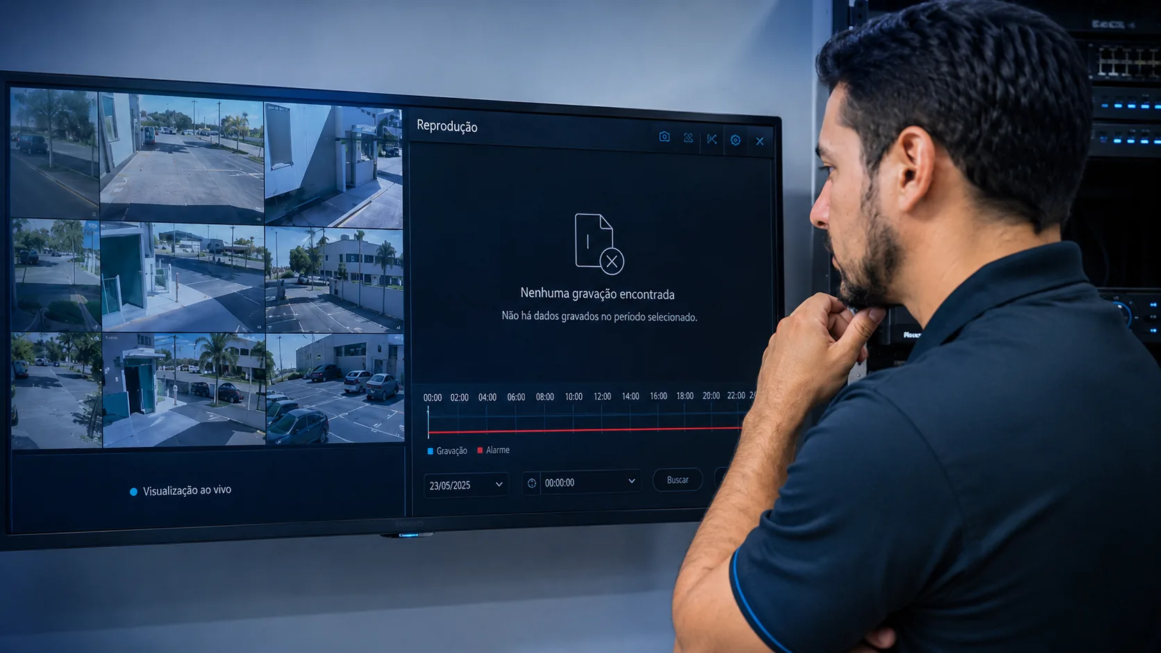 Tela de playback do DVR sem gravação encontrada durante diagnóstico em Americana