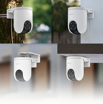 Câmera EZVIZ H8c Pro 3K instalada em diferentes pontos de fachada e varanda