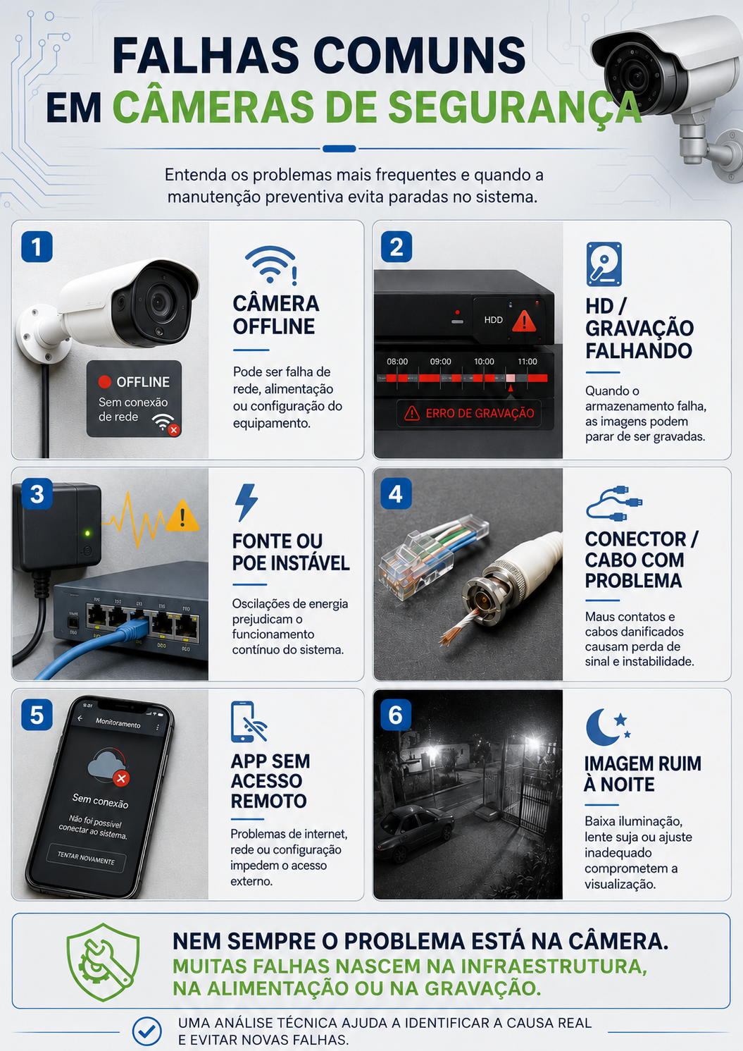 Falhas comuns em câmeras de segurança, como câmera offline, gravação falhando, PoE instável e imagem ruim à noite