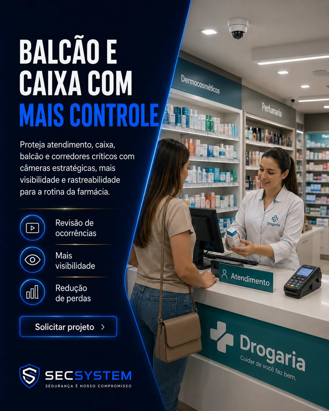 Câmeras para farmácia no balcão, caixa e corredores críticos