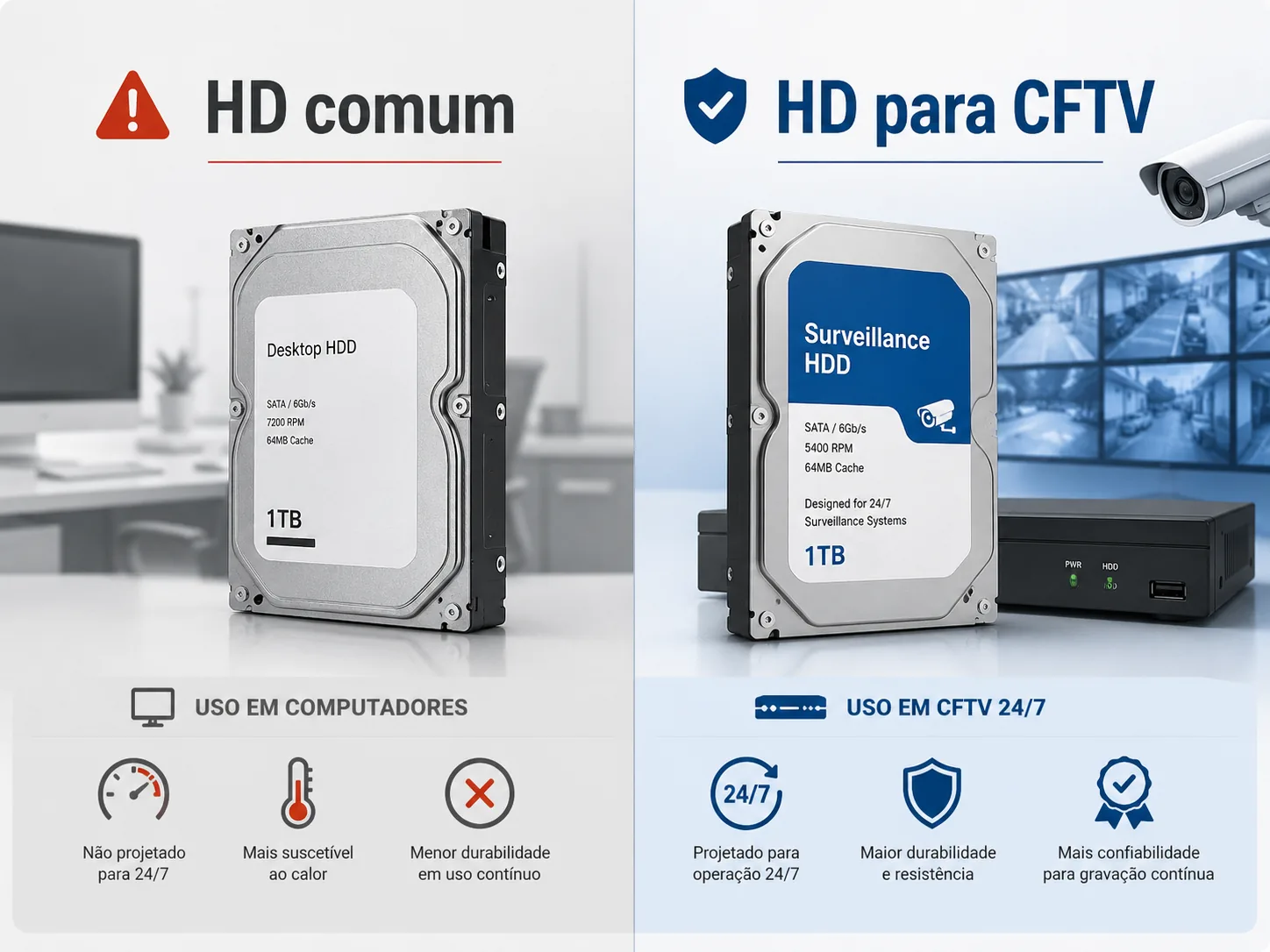 Comparativo visual entre HD comum de computador e HD para CFTV