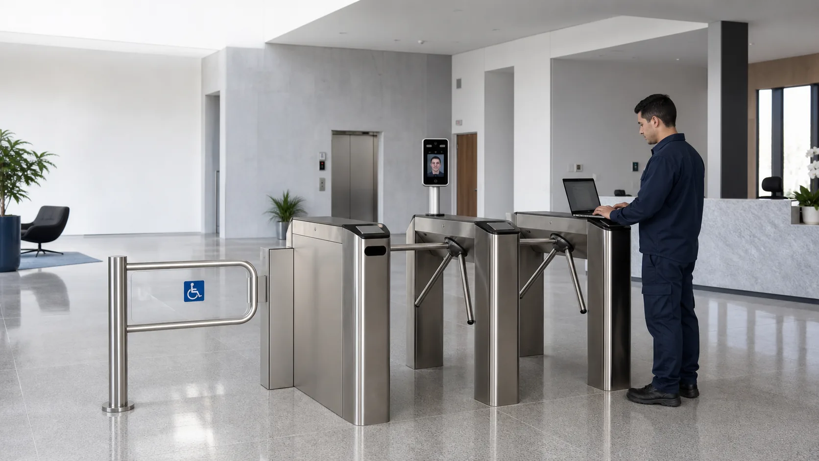 Catracas de controle de acesso instaladas em recepção com passagem acessível