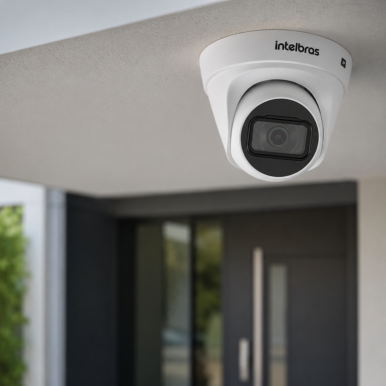 Câmera dome Intelbras instalada no teto com acabamento profissional em entrada coberta