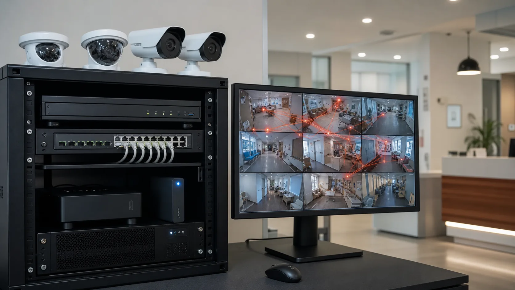 Rack técnico com câmeras, rede Wi-Fi e alerta de ransomware em painel de segurança