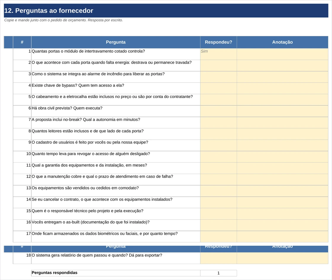 Aba com as 18 perguntas ao fornecedor da Planilha de Cotação de Eclusa, numeradas e com campo de resposta