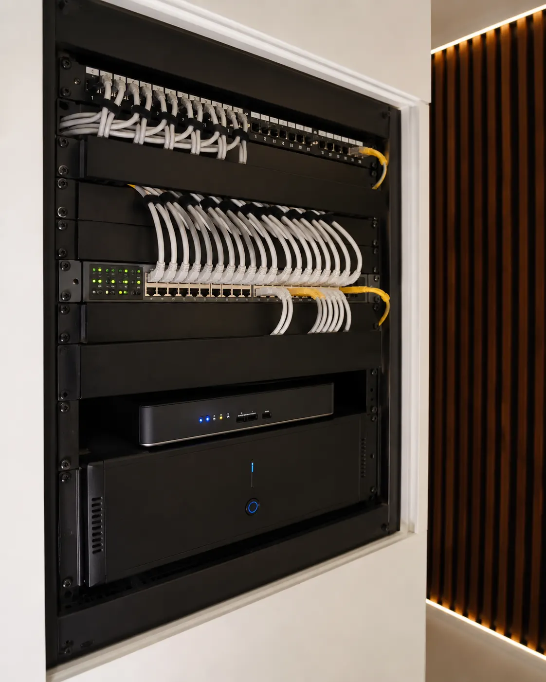 Rack técnico organizado para rede Wi-Fi residencial premium com cabeamento estruturado