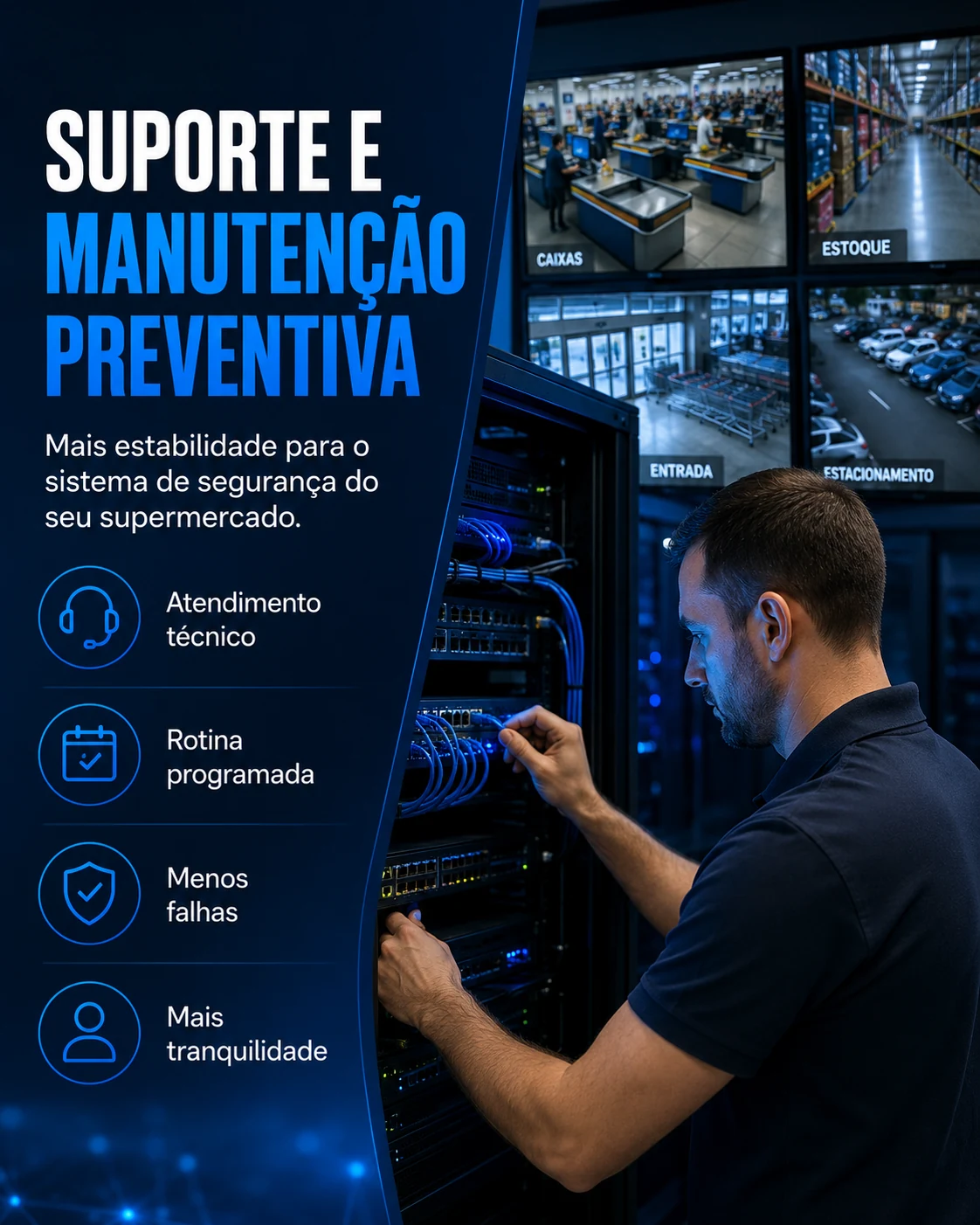 Segurança eletrônica para supermercados com técnico instalando câmera em área de checkout