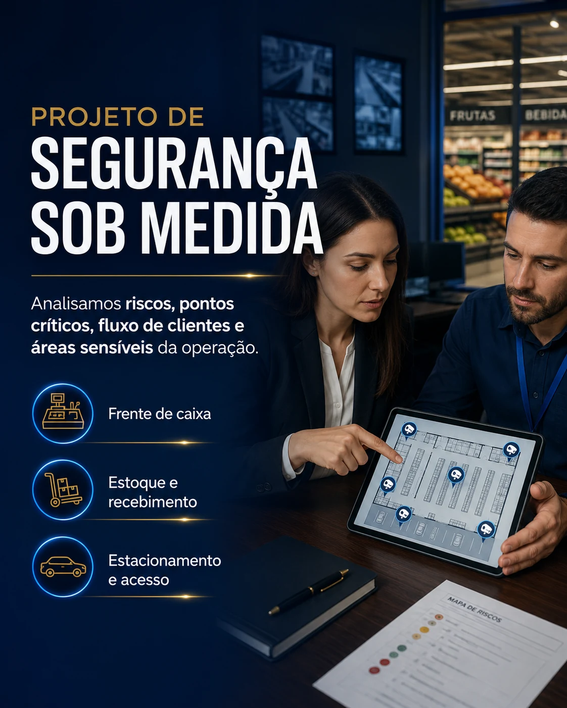 Soluções integradas para supermercados com CFTV, alarmes, controle de acesso e app