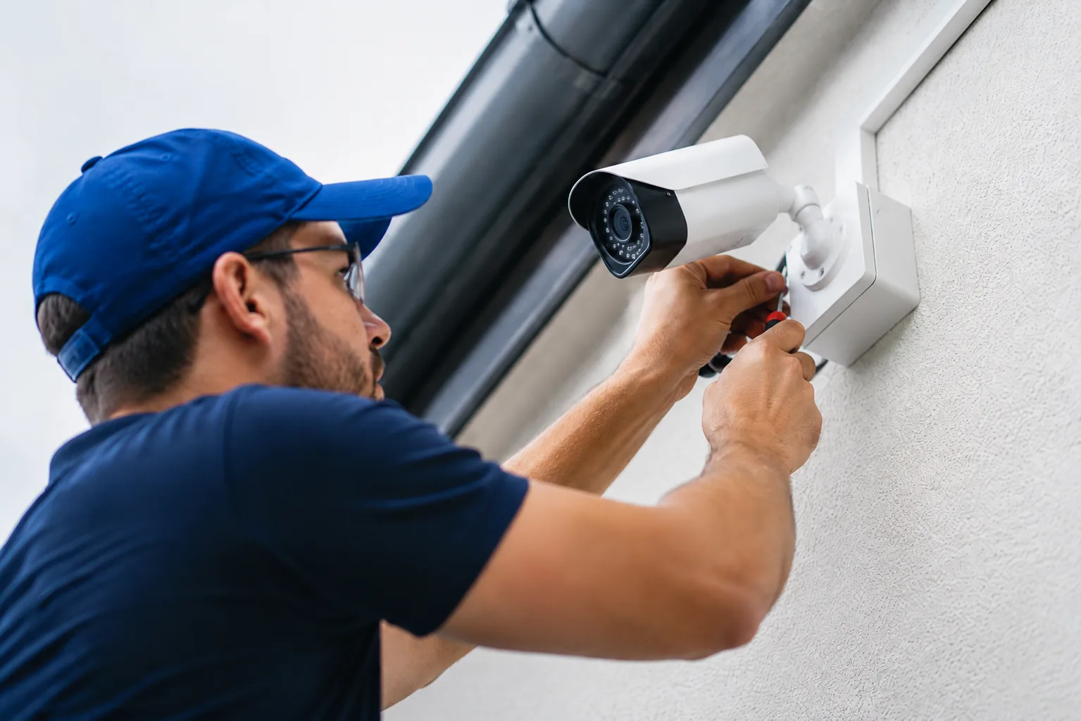 Técnico instalando câmera de segurança em Americana