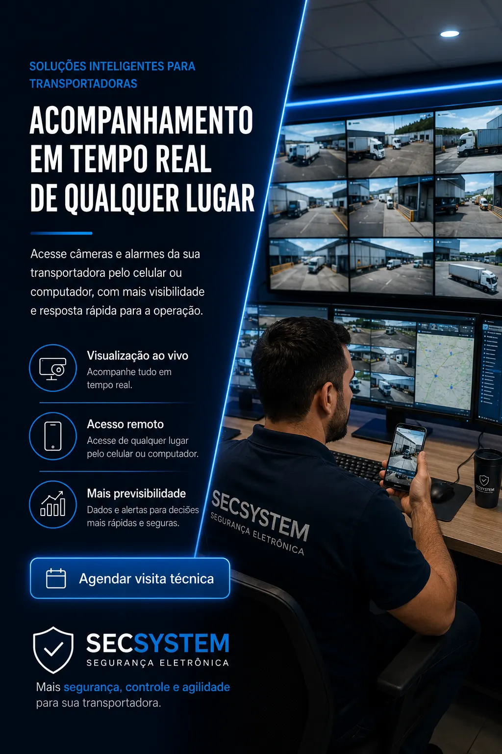 Monitoramento remoto de transportadora com câmeras e alarmes em tempo real