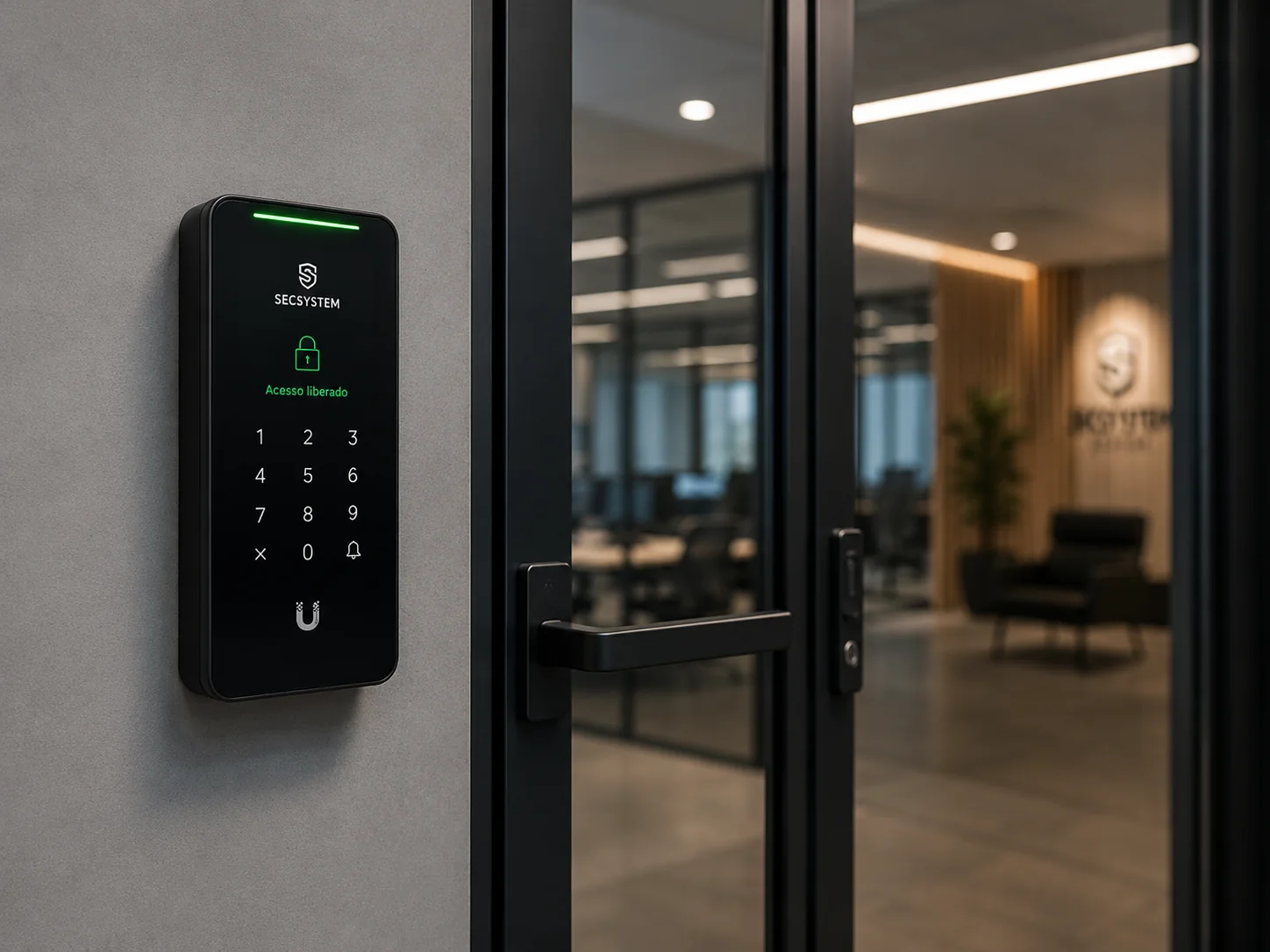 Leitor UniFi Access instalado em porta corporativa com acabamento premium