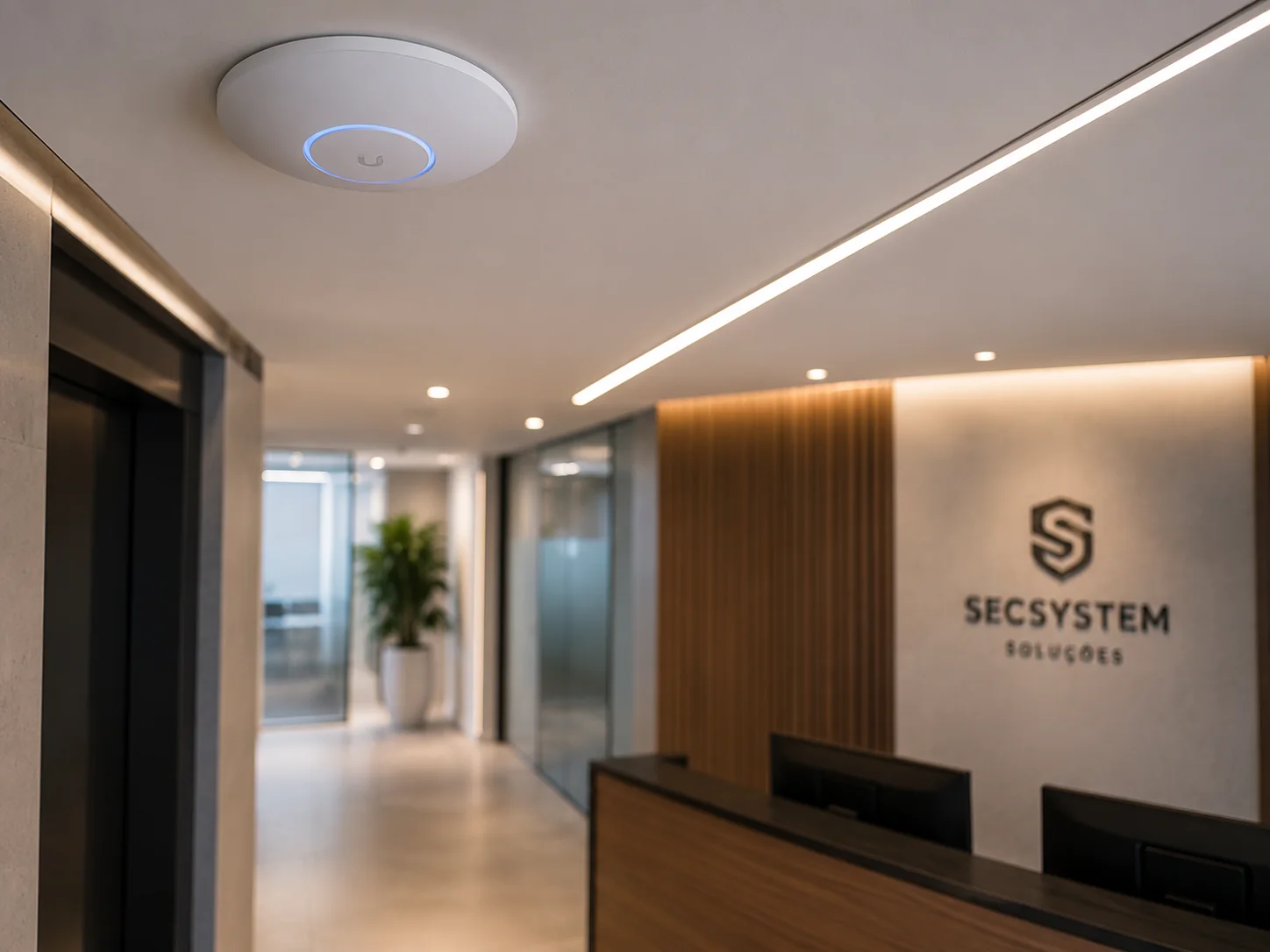 Access point UniFi instalado em recepcao corporativa com acabamento premium