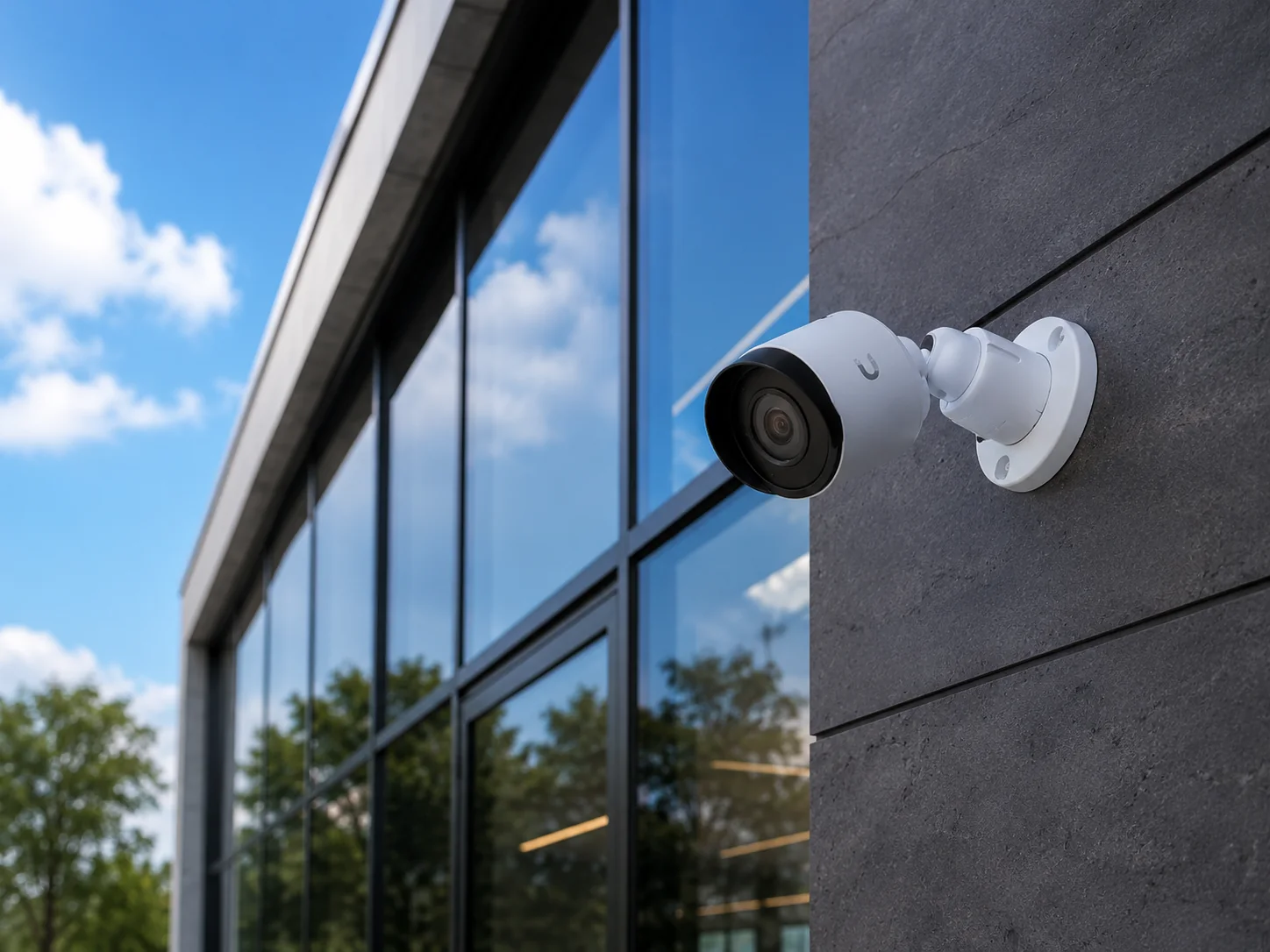 Camera UniFi instalada em fachada corporativa moderna