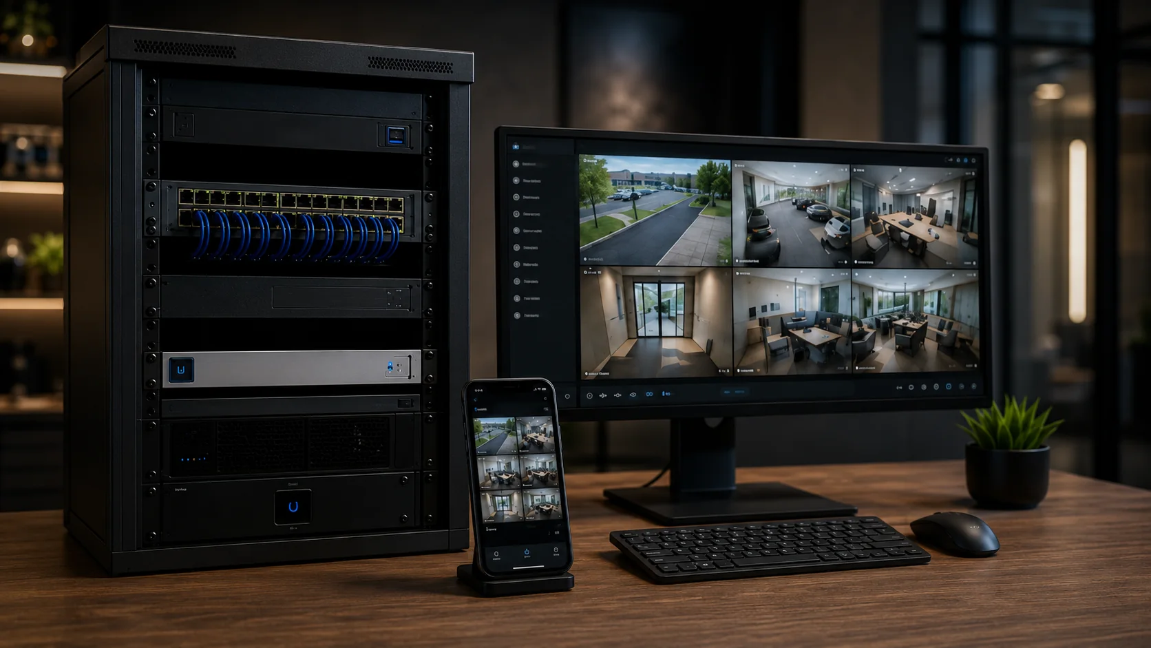 Rack UniFi com switch PoE e dashboard de monitoramento