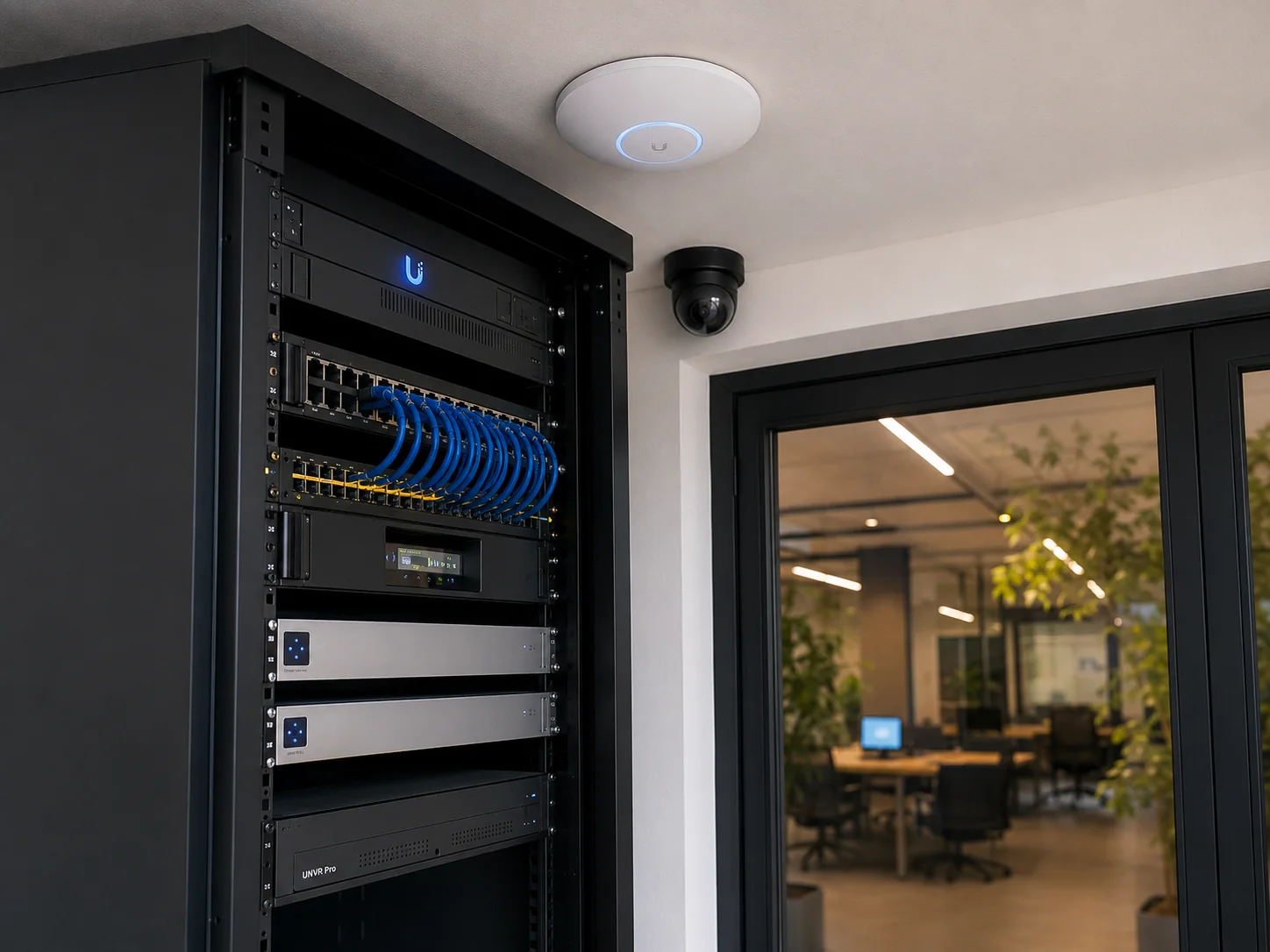 Rack UniFi ao lado de camera e porta controlada em ambiente corporativo